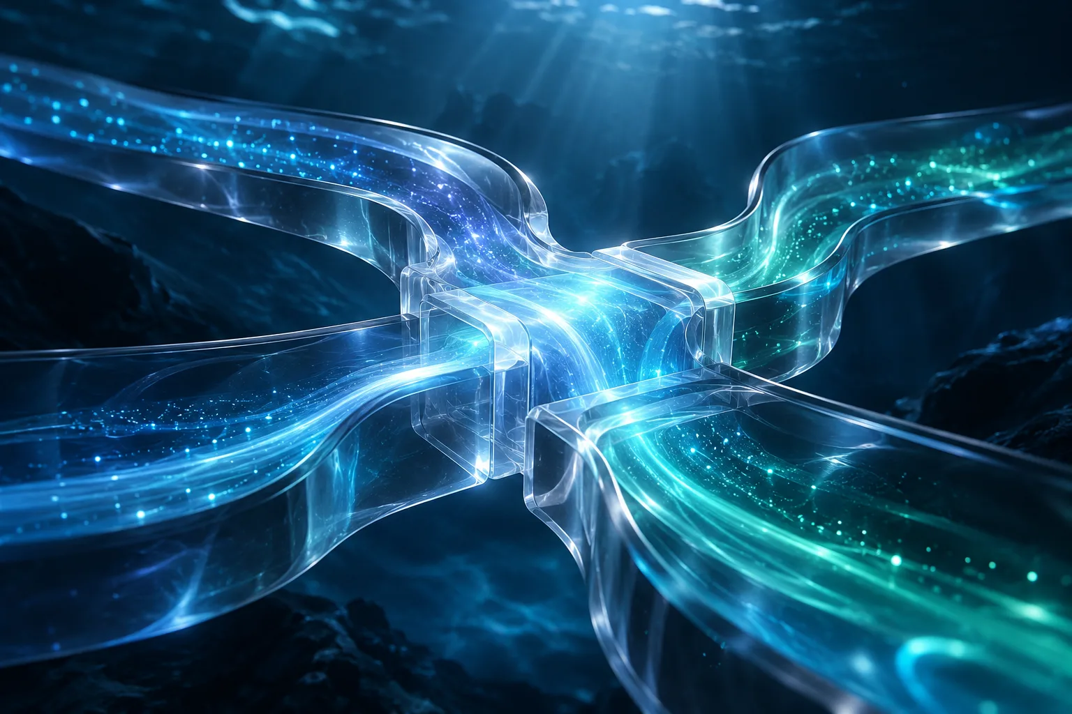 Cyan converging glass streams — integration with existing systems